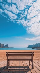 Serene Beachfront View with Wooden Bench Under Clear Blue Sky