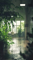 Lush Green Indoor Garden with Wet Floor and Natural Light