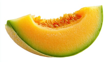 Vibrant Cantaloupe Wedge - Ripe Orange Flesh, Visible Seeds, Green Rind, Isolated on White.
