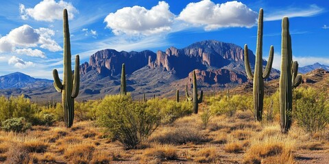 Breathtaking Desert Landscape with Cacti and Mountains in Background