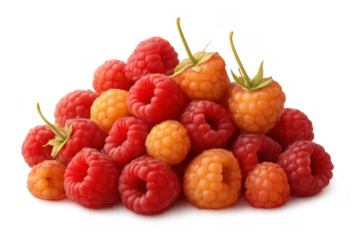 Pile of fresh organic red and yellow raspberries, offering a sweet and healthy food option with vibrant colors on a transparent background