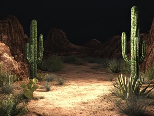 Desert Landscape with Saguaro Cacti and Rocky Terrain at Night