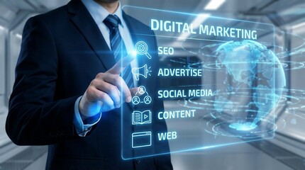 Businessman engaging with digital marketing interface, representing modern business strategies and innovation in a professional office setting.