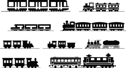 Black train icon set in flat style railway locomotive and freight transport silhouette collection featuring passenger and cargo rail graphic group, minimal monochrome vector illustration pack © Muhammad