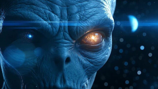 Blue alien face with glowing eye staring in dark space.