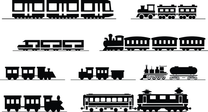 Black train icon set in flat style railway locomotive and freight transport silhouette collection featuring passenger and cargo rail graphic group, minimal monochrome vector illustration pack