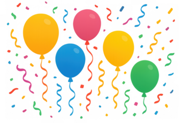 Colorful balloons floating with scattered confetti and swirling streamers celebrating a festive birthday party or event