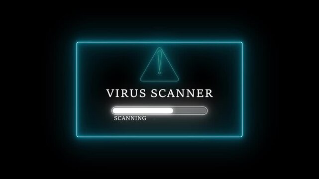 Virus scanner window with neon border and warning symbol. cybersecurity scanning alert, antivirus software progress bar animation on black screen. virus scanning computer technology concept.