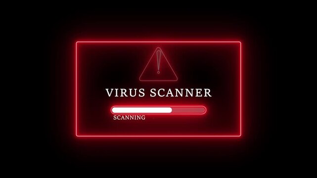 Virus scanner window with neon border and warning symbol. cybersecurity scanning alert, antivirus software progress bar animation on black screen. virus scanning computer technology concept.