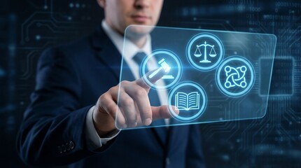 A businessman interacts with a futuristic digital interface displaying law and justice icons, symbolizing the intersection of technology and legal governance.