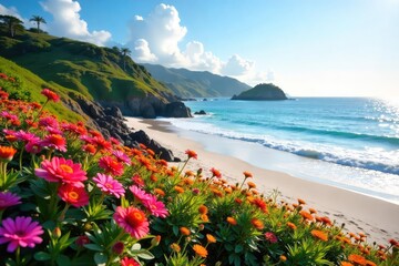 Serene coastal garden blooms in vibrant colors, overlooking a tranquil beach  Gentle waves lap the shore, creating a picturesque scene of seaside serenity and natural beauty ,  idyllic,  sea