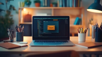 Laptop screen showing email code workspace with pencils and notebooks