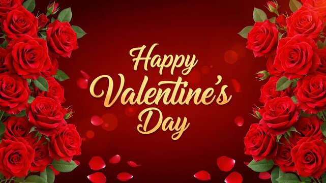 Happy Valentine's Day greeting with red roses and golden text