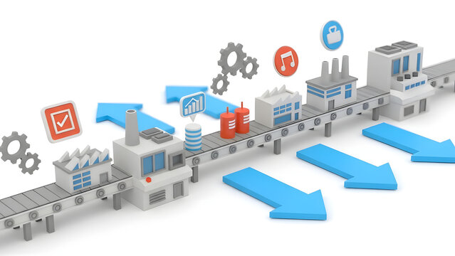 An illustrative representation of the production process, showing a conveyor belt moving products through a series of stages. Arrows point along the path, symbolizing the flow of the product.