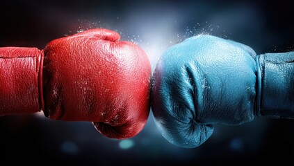 Dynamic Red and Blue Boxing Gloves Clash, Symbolizing Intense Competition and Confrontation.