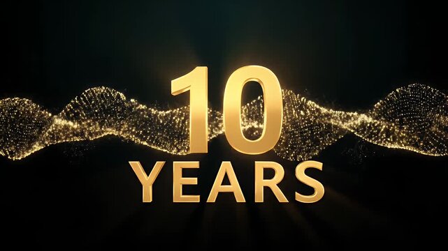 Golden 10 years anniversary text with glowing wave particles