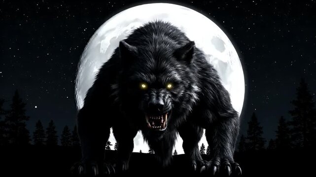 Black wolf with glowing eyes in dark forest before full moon.