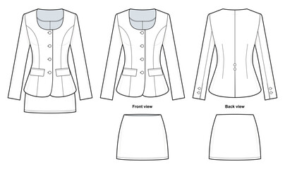 Tailored Blazer and Mini Skirt Set Technical Fashion Illustration. Fitted Button-Front Jacket with Scoop Neckline and Flap Pockets. Matching Mini Skirt. Structured Silhouette. Women&rsquo;s Wear. CAD Mockup