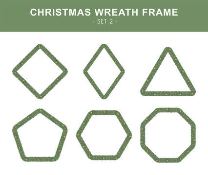 Christmas wreath frame set. Diamond, rhombus, triangle, pentagon, hexagon and octagon borders in Christmas wreath and ornaments style.