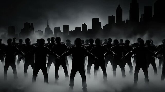 Dark crowd silhouettes standing in fog against city skyline