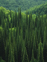 Lush Green Coniferous Forest with Towering Evergreen Trees