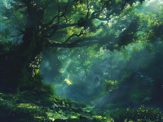 Enchanted Forest Scene with Sunlight and Lush Greenery in Nature