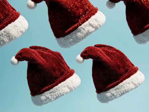 Santa Claus hats floating on light blue background. Festive Christmas pattern with red winter accessories.