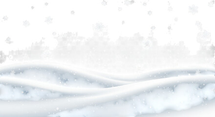 Winter snow landscape with falling snowflakes and white hills isolated on transparent background