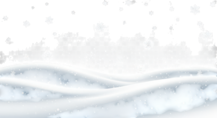 Winter snow landscape with falling snowflakes and white hills isolated on transparent background