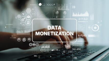 Professional Hands Typing on Laptop with Overlay Illustrating Data Monetization Concepts and Analytical Graphics. Asymptotic smart data analytic.
