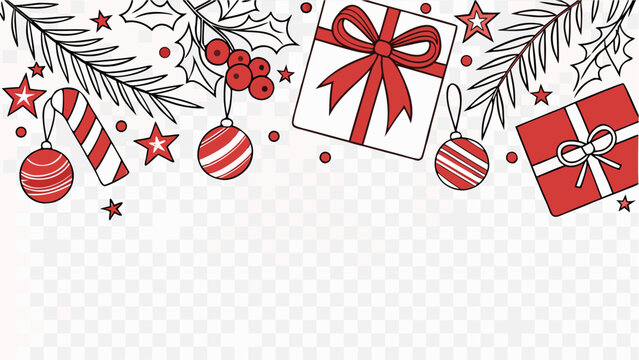 Christmas Ornaments with Holly Leaves and Gift Box on Transparent Background