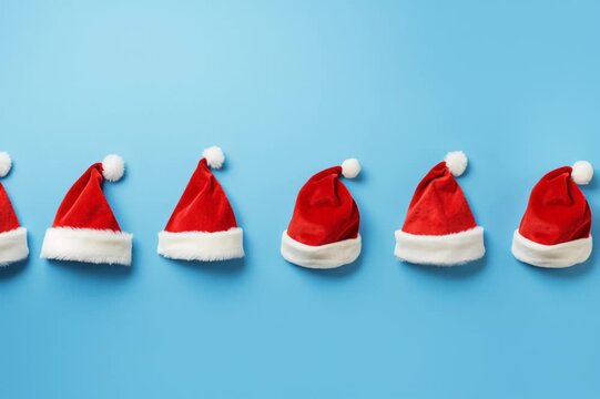 Row of Santa Claus hats on light blue background.
Minimal Christmas pattern with red festive accessories.