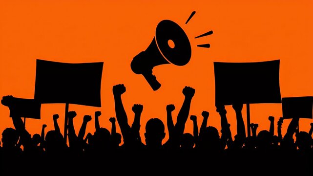 Silhouette protest crowd with megaphone on orange background