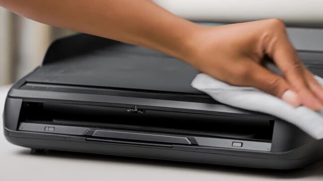 Medium shot of flatbed scanner roller being gently wiped for dust removal enhancing image clarity and device reliability in an office setting.