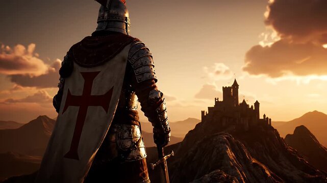 Knight in armor standing on mountain facing castle at sunset