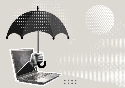 Trendy Halftone Collage Protection, Save data or computer information concept, hand holds an umbrella over a laptop protecting it from the threat of rain. Contemporary vector illustration art	