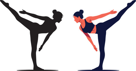 Woman in dynamic yoga pose with one leg raised high in air