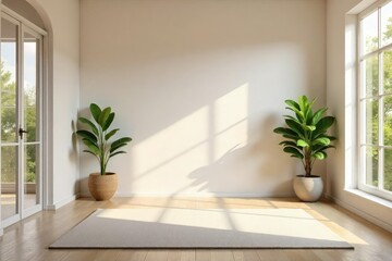 Serene minimalist home interior designed for meditation and relaxation; soft natural light illuminates a peaceful space ideal for mindfulness and yoga , sanctuary, mindfulness, wellbeing