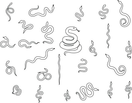 Black snake icon set in line style, serpent silhouette and outline collection featuring coiled, crawling and abstract snake shapes, minimal monochrome vector graphic group