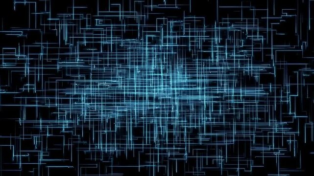 Dynamic glowing blue lines creating digital matrix effect on black background