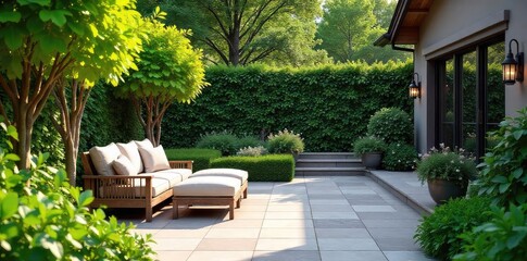 Serene patio landscape design featuring lush greenery, stone pathways, and elegant outdoor furniture Perfect for relaxation and entertaining , contemporary, zen