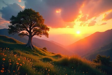 Serene landscape at sunrise, conveying a sense of peace and divine connection Perfect for representing spiritual reflection, faith, and the beauty of creation , clouds, spirituality