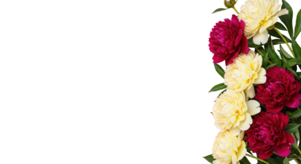 Photorealistic overhead flat lay of vibrant deep red and creamy yellow peonies, lush green leaves on soft pastel pink background, ample left copy space, sophisticated floral elegance