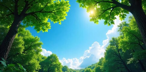 Serene view of a vast, blue sky peeking through the canopy of a lush green forest, dappled sunlight filtering through leaves , woodland, spring