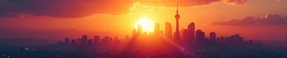 Silhouetted cityscape at dawn, futuristic architecture reaching towards a radiant sky, symbolizing hope and faith in a technologically advanced future , modern, belief