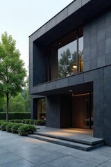Sleek, modern building clad in dark gray slate Natural stone texture provides a sophisticated, architectural detail Vertical lines emphasize height and elegance , grey slate, exterior
