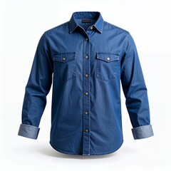 Denim shirt presented on clean white backdrop showcasing its texture and design
