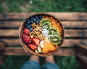 Vibrant Smoothie Bowl with Fresh Fruits, Granola, Coconut, Overhead View, Held Over Wooden Bench.