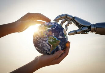 Human and Robotic Hands Touching Earth, Symbolizing AI Collaboration for Global Sustainability and Technological Future Stewardship.