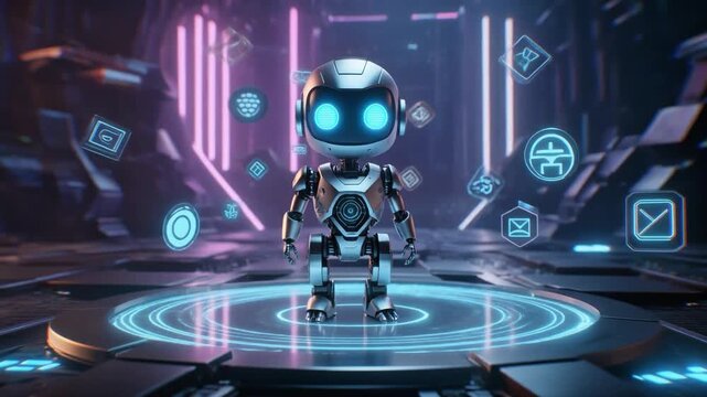 Futuristic AI Robot Interface with Digital Data and Technology IconsXR